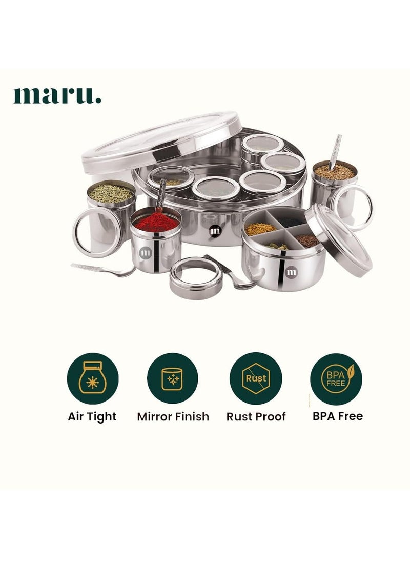 MARU 12 IN 1 Spice Box Stainless Steel with Middle Container Partitions | Masala Dabba Steel Masala Box For Kitchen Steel | Masala Dani For Kitchen See Through Lid (Size 13 Large 21.5cms) Silver
