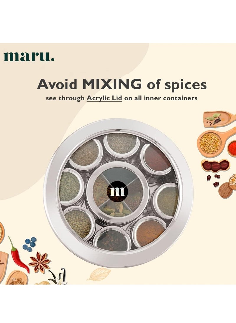 MARU 12 IN 1 Spice Box Stainless Steel with Middle Container Partitions | Masala Dabba Steel Masala Box For Kitchen Steel | Masala Dani For Kitchen See Through Lid (Size 13 Large 21.5cms) Silver