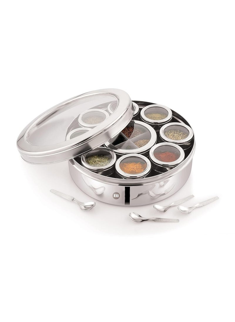 MARU 12 IN 1 Spice Box Stainless Steel with Middle Container Partitions | Masala Dabba Steel Masala Box For Kitchen Steel | Masala Dani For Kitchen See Through Lid (Size 13 Large 21.5cms) Silver