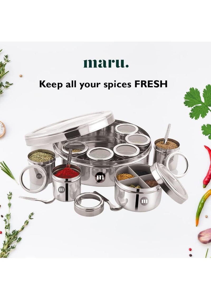 MARU 12 IN 1 Spice Box Stainless Steel with Middle Container Partitions | Masala Dabba Steel Masala Box For Kitchen Steel | Masala Dani For Kitchen See Through Lid (Size 13 Large 21.5cms) Silver