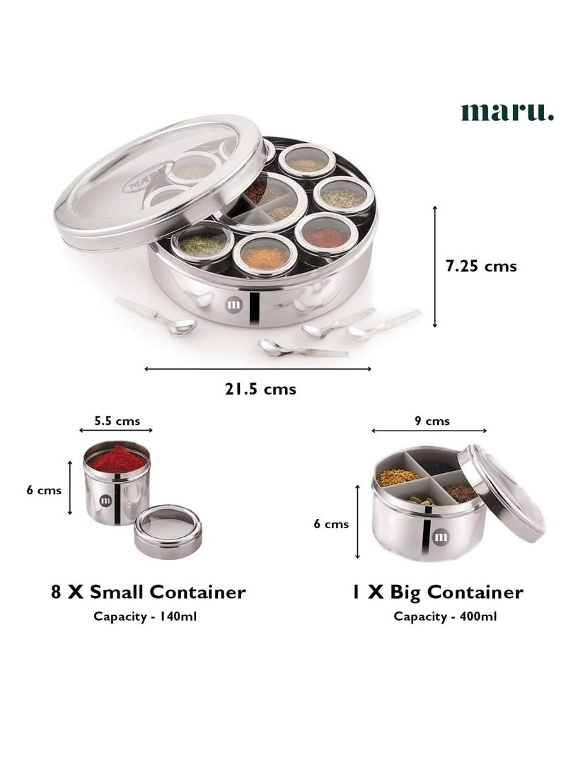 MARU 12 IN 1 Spice Box Stainless Steel with Middle Container Partitions | Masala Dabba Steel Masala Box For Kitchen Steel | Masala Dani For Kitchen See Through Lid (Size 13 Large 21.5cms) Silver