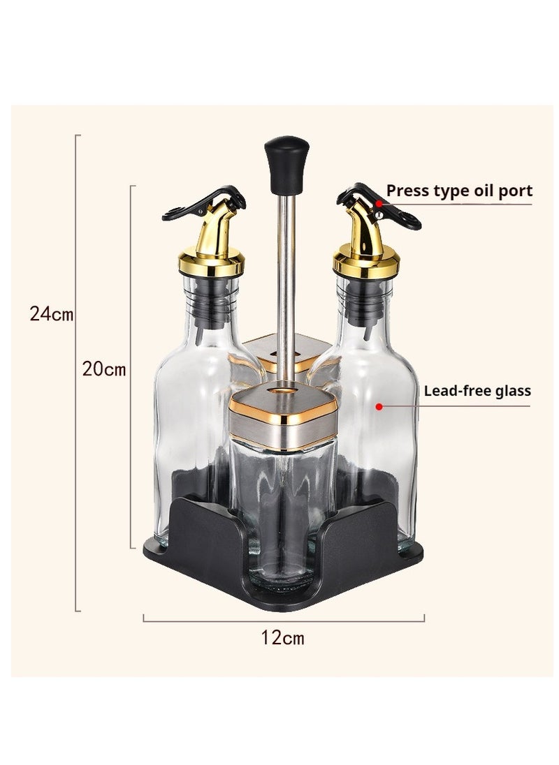 Ramadan 4-piece set of glass spice jars with leather lid and rotating base, along with a 20cm press type olive oil bottle, oil pot, and olive oil distributor combination set
