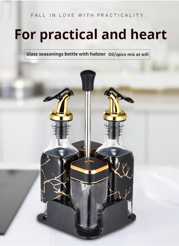Ramadan 4-piece set of glass spice jars with leather lid and rotating base, along with a 20cm press type olive oil bottle, oil pot, and olive oil distributor combination set