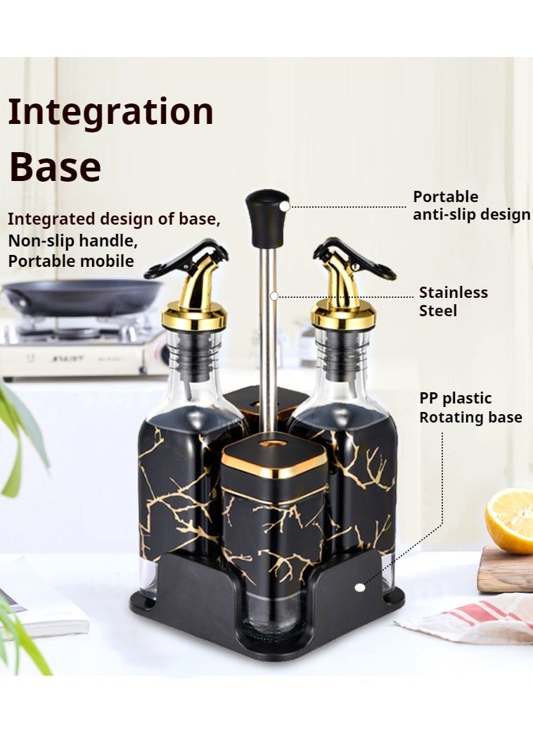 Ramadan 4-piece set of glass spice jars with leather lid and rotating base, along with a 20cm press type olive oil bottle, oil pot, and olive oil distributor combination set