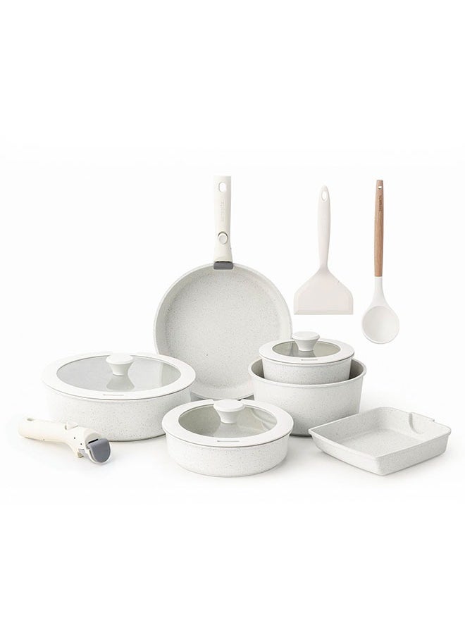 13 Piece Detachable Swiss Granite Coating Cookware Set, Non-Stick, PFOA/PFOS/APEO Free, 1X26Cm Deep Frying Pan With Lid, 1X20Cm Frying Pan, 1X26Cm Fry Pan, 1X16Cm Sauce Pan With Lid, 1X20Cm Sauce Pan With Lid,1Xgrill Pan, 2 Utensils, 2 Handles, White