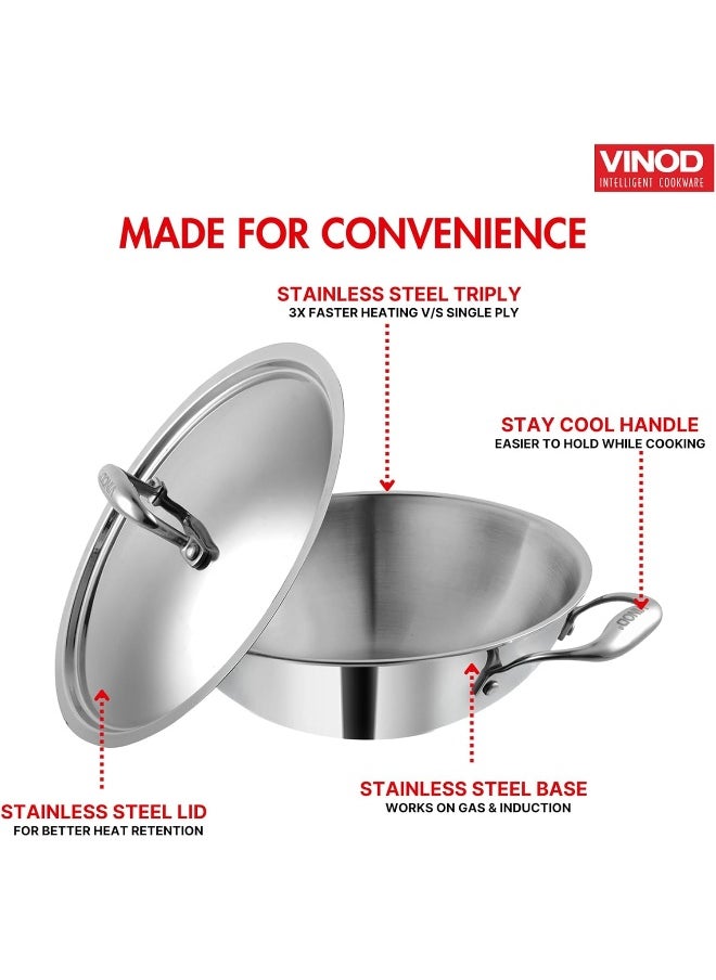 Platinum Triply Stainless Steel Kadai with lid 3.2 Litre (26 cm Dia) | 2.5mm Thick | 3 Layer S