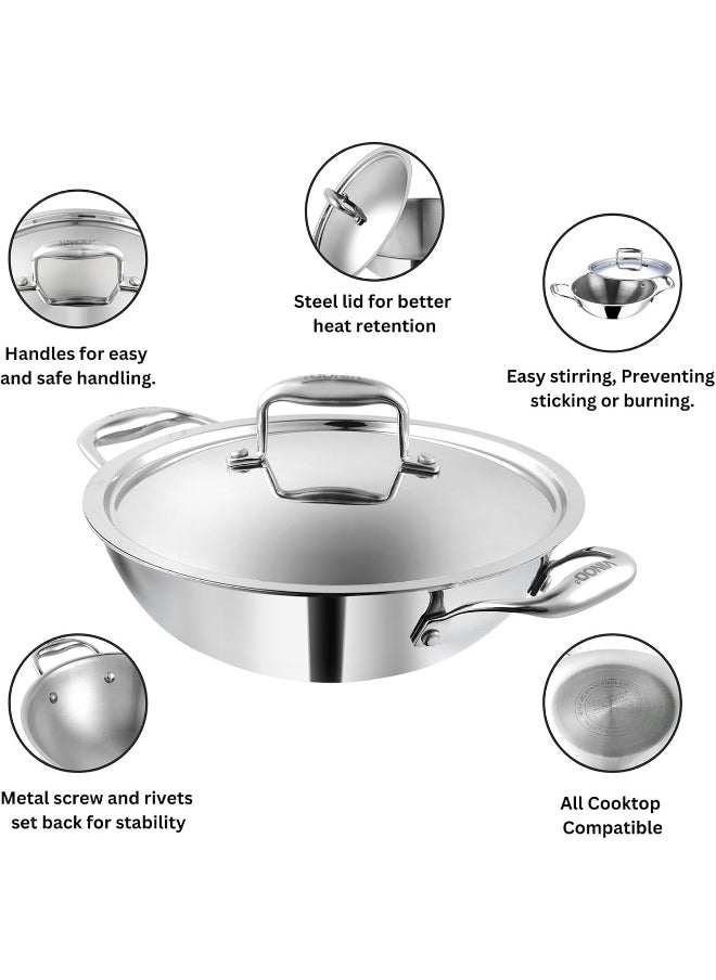 Platinum Triply Stainless Steel Kadai with lid 3.2 Litre (26 cm Dia) | 2.5mm Thick | 3 Layer S