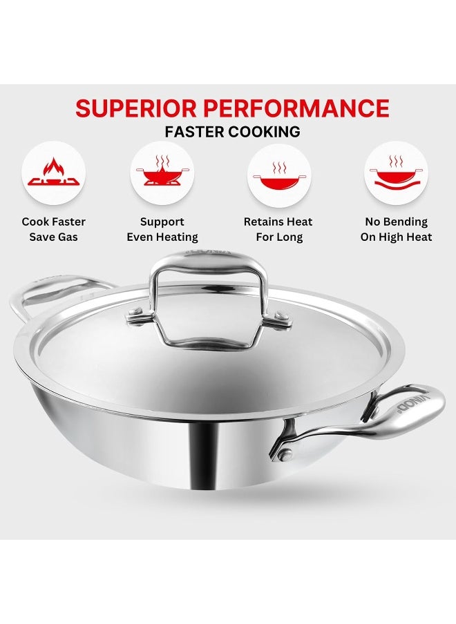 Platinum Triply Stainless Steel Kadai with lid 3.2 Litre (26 cm Dia) | 2.5mm Thick | 3 Layer S