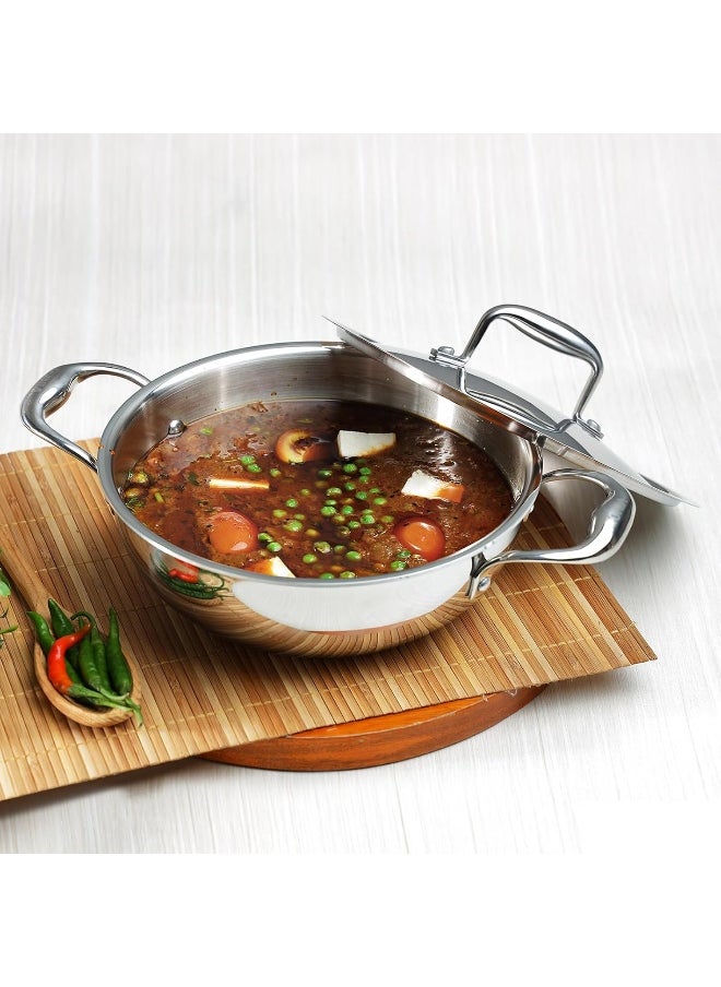Platinum Triply Stainless Steel Kadai with lid 3.2 Litre (26 cm Dia) | 2.5mm Thick | 3 Layer S