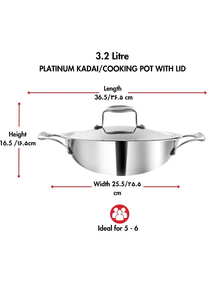 Platinum Triply Stainless Steel Kadai with lid 3.2 Litre (26 cm Dia) | 2.5mm Thick | 3 Layer S