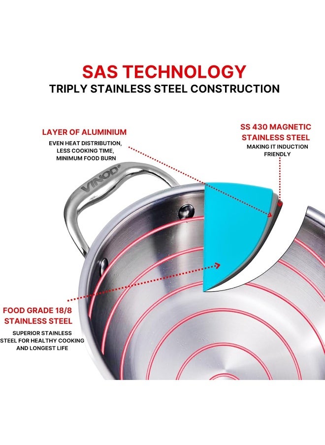 Platinum Triply Stainless Steel Kadai with lid 3.2 Litre (26 cm Dia) | 2.5mm Thick | 3 Layer S