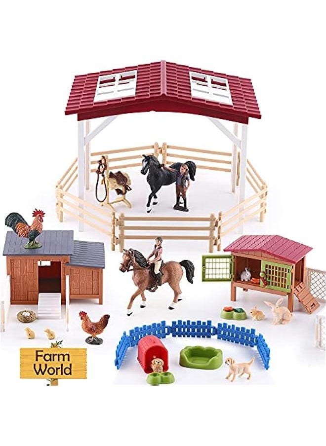 Kids Farm Animal Barn House Toy, Girl Horse Stable Figurine Fence Playset, Country World Farmhouses, Barnyard Chicken Coop Rabbit Puppy Figure, Birthday Gift Age 3 4 5 7 8 6-12 Boy Child