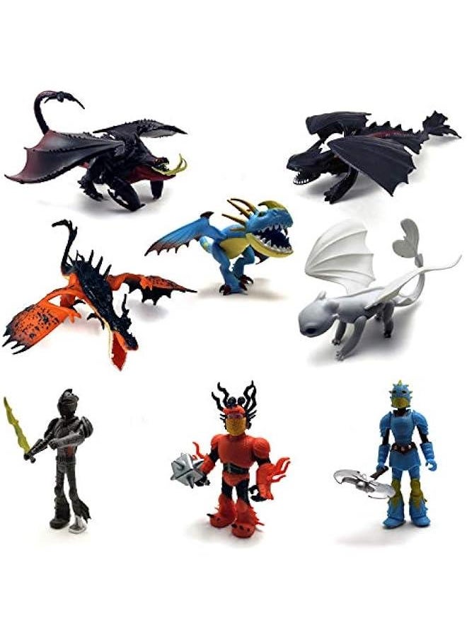 Dragons & Vikings Action Figures | Light Fury, Night Fury, Deathgripper, Monstrous Nightmare, Deadly Nadder, Hiccup, Astrid Hofferson, Snotlout Jorgenson | Set of 8 Pcs