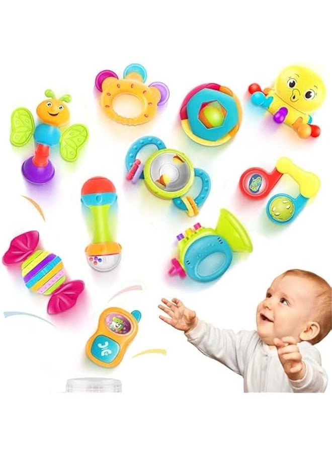 10pcs Baby Rattles Toys Set, Infant Grab Shake Rattle, Easy Hold Sensory Teether, Babies Development Learning Music Toy, Newborn Shower Birthday Gift 1 2 3 4 5 6 7 9 10 12 Month Boy Girl