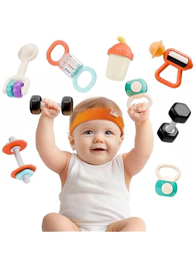 Baby First Gym Rattle Set, Infant Dumbbell Weights Teething Rattles 3-6-12 Month, Newborn Workout Sensory Stroller Toy, Babies Birthday Shower Gift 5 7 8 9 10 Month Toddler Boy Girl-7PCS