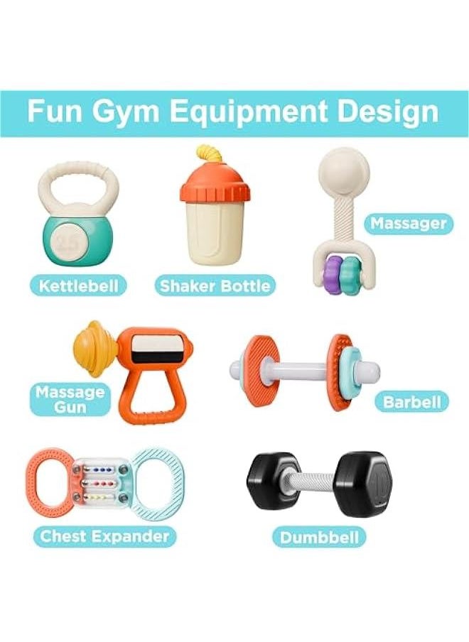 Baby First Gym Rattle Set, Infant Dumbbell Weights Teething Rattles 3-6-12 Month, Newborn Workout Sensory Stroller Toy, Babies Birthday Shower Gift 5 7 8 9 10 Month Toddler Boy Girl-7PCS