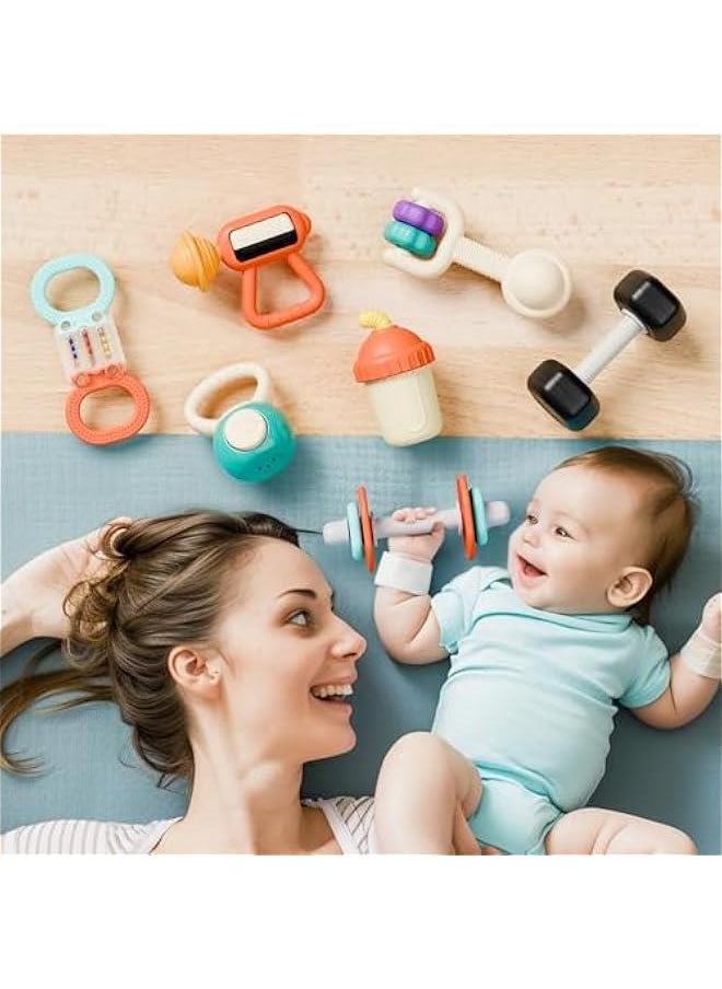 Baby First Gym Rattle Set, Infant Dumbbell Weights Teething Rattles 3-6-12 Month, Newborn Workout Sensory Stroller Toy, Babies Birthday Shower Gift 5 7 8 9 10 Month Toddler Boy Girl-7PCS