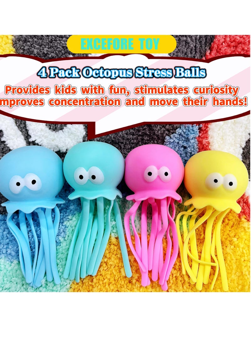 Stress Balls for Kids and Adults, Sea Animals Squeeze Toys, Dough Ball, Sensory Fidget Toy Anxiety Stress Relief Squeezing Balls Calming Tool, for Kids Party Favors, Octopus, 4 Color