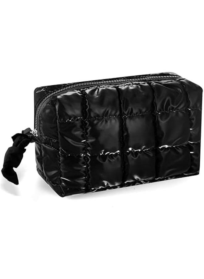 Quilted Makeup Bag for Women Girls Large Black Cosmetic Bag Cute Puffer Aesthetic Zipper Makeup Pouch for Purse Portable Waterproof Travel Toiletry Bag Makeup Brushes Skincare Bag Organizer