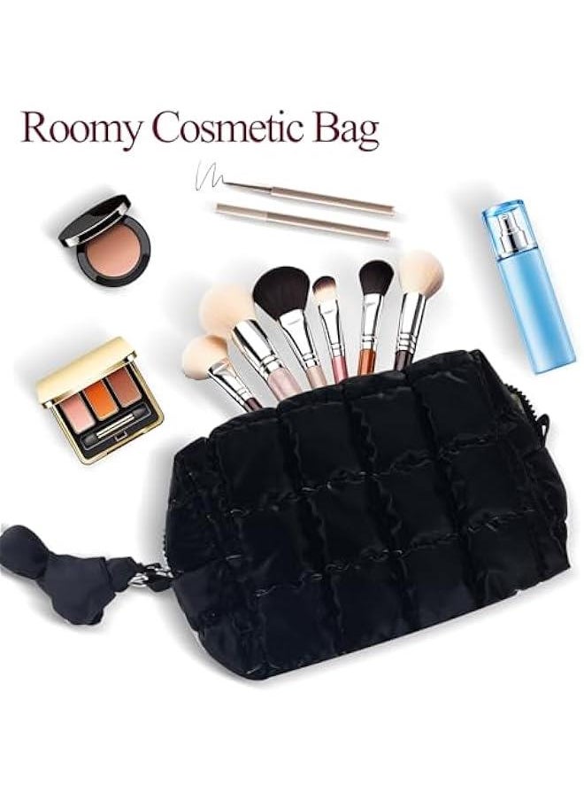 Quilted Makeup Bag for Women Girls Large Black Cosmetic Bag Cute Puffer Aesthetic Zipper Makeup Pouch for Purse Portable Waterproof Travel Toiletry Bag Makeup Brushes Skincare Bag Organizer