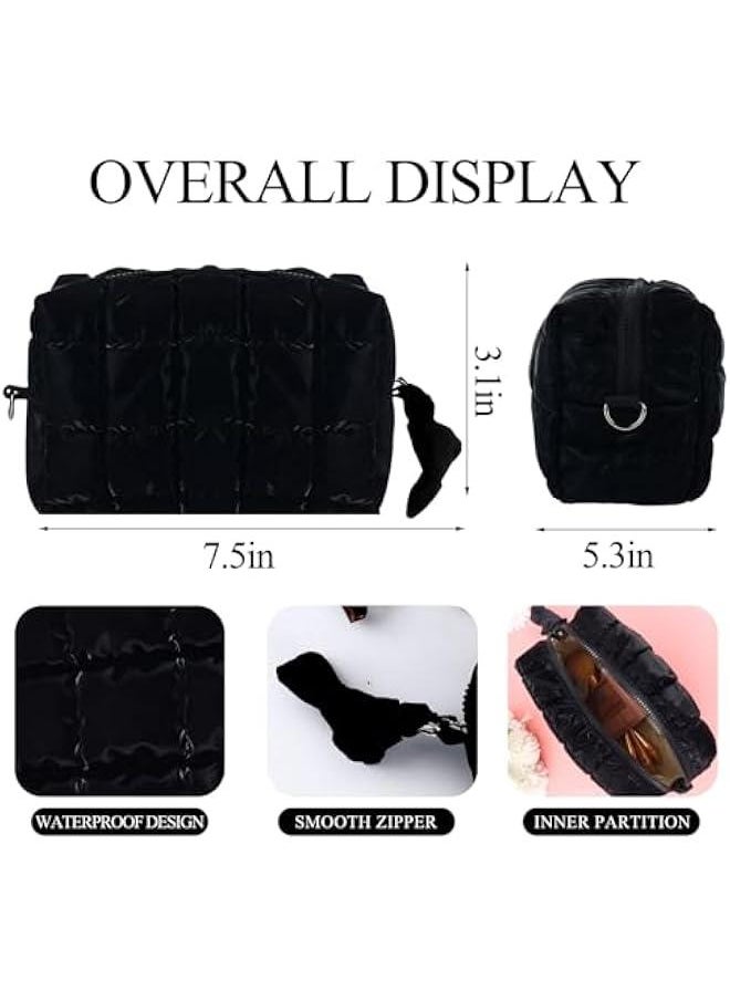 Quilted Makeup Bag for Women Girls Large Black Cosmetic Bag Cute Puffer Aesthetic Zipper Makeup Pouch for Purse Portable Waterproof Travel Toiletry Bag Makeup Brushes Skincare Bag Organizer