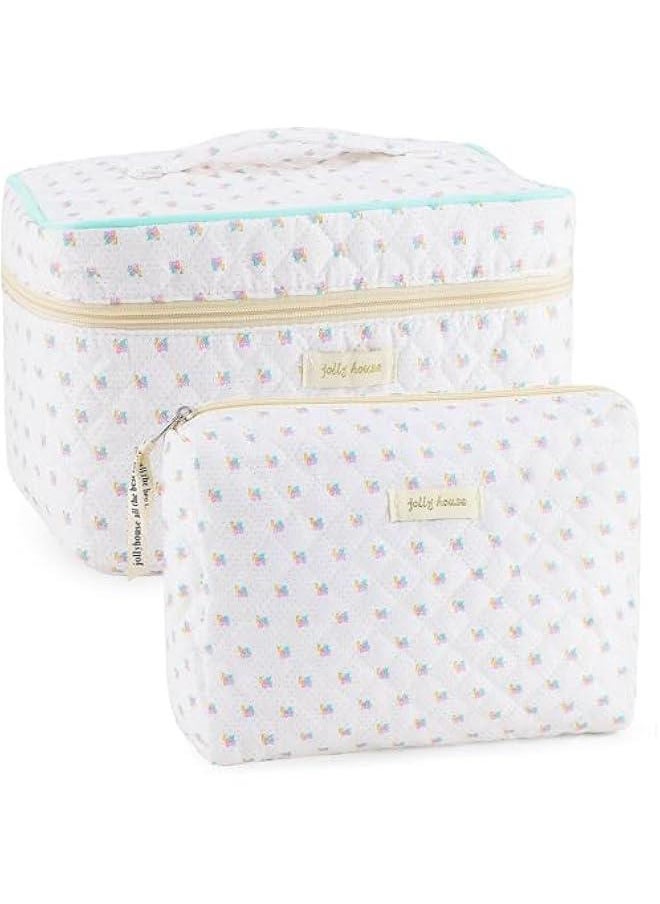 2Pcs Cotton Quilted Makeup Bag for Women Floral Travel Large Small Cosmetic Bag Set Big Cute Makeup Pouch Portable Toiletry Bag Organizer Storage Coquette Aesthetic White Makeup Brush Bag