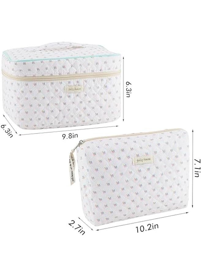 2Pcs Cotton Quilted Makeup Bag for Women Floral Travel Large Small Cosmetic Bag Set Big Cute Makeup Pouch Portable Toiletry Bag Organizer Storage Coquette Aesthetic White Makeup Brush Bag