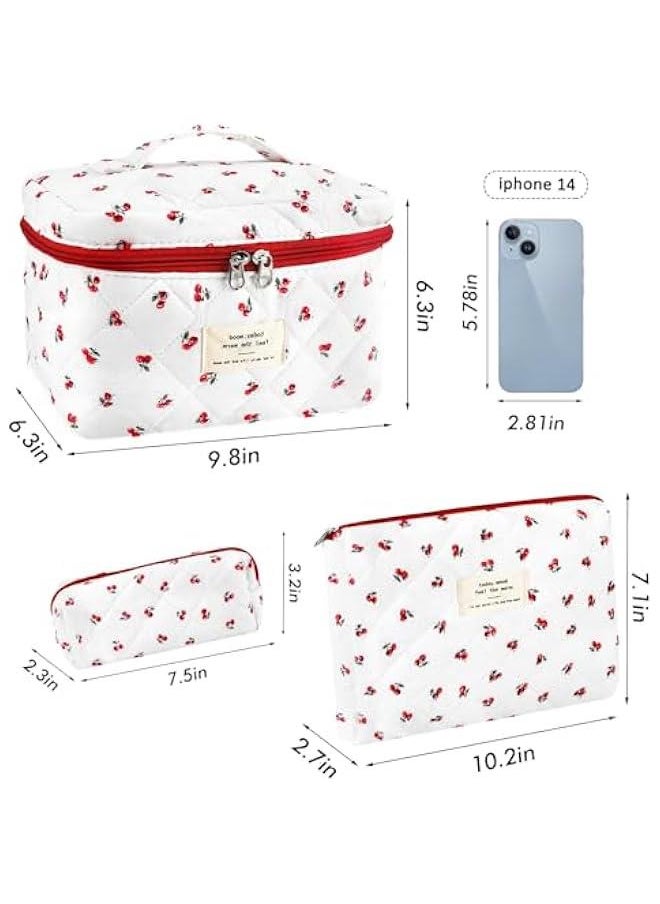 3Pc Cotton Quilted Makeup Bag for Women Extra Large Coquette Small Floral Travel Cosmetic Bag Set Cute Cherry Makeup Pouch Portable Toiletry Bag Organizer Vintage Puffy Essential Storage Bag