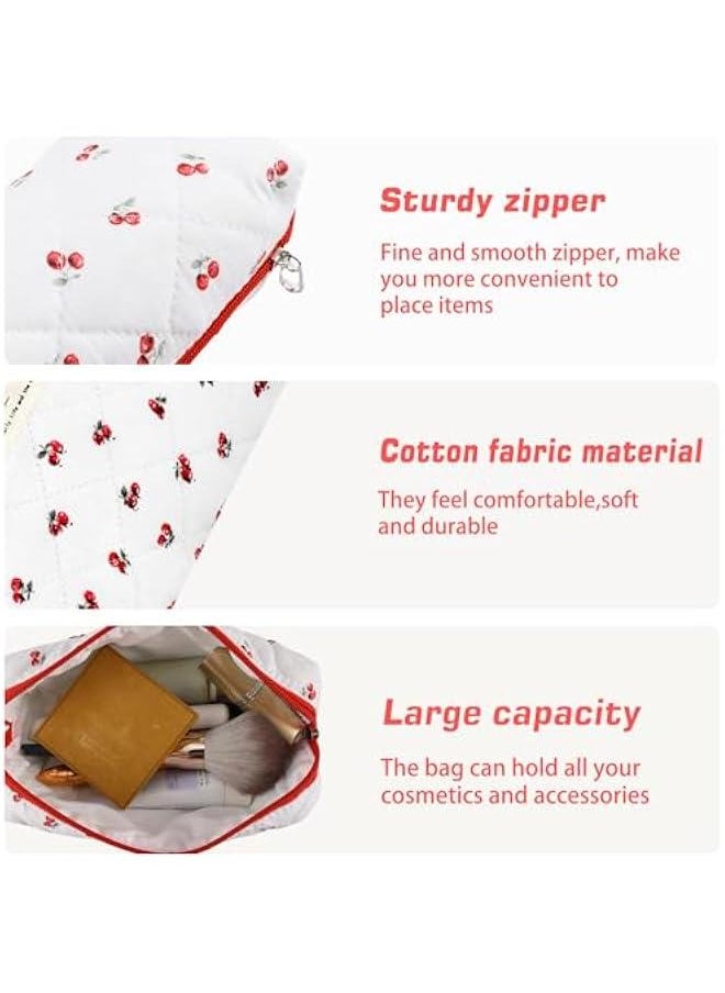 3Pc Cotton Quilted Makeup Bag for Women Extra Large Coquette Small Floral Travel Cosmetic Bag Set Cute Cherry Makeup Pouch Portable Toiletry Bag Organizer Vintage Puffy Essential Storage Bag