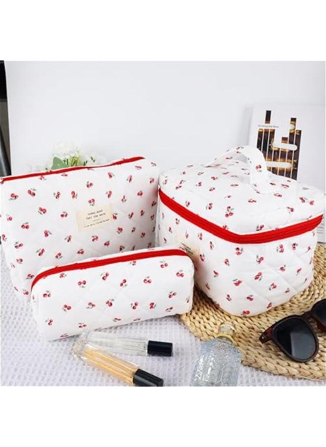 3Pc Cotton Quilted Makeup Bag for Women Extra Large Coquette Small Floral Travel Cosmetic Bag Set Cute Cherry Makeup Pouch Portable Toiletry Bag Organizer Vintage Puffy Essential Storage Bag