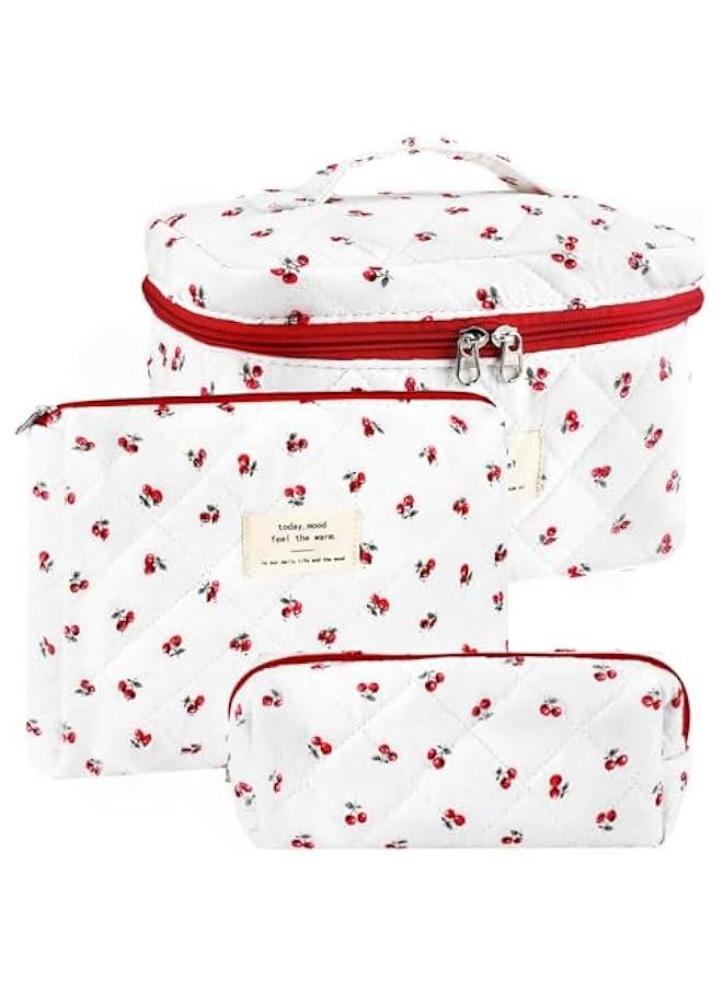 3Pc Cotton Quilted Makeup Bag for Women Extra Large Coquette Small Floral Travel Cosmetic Bag Set Cute Cherry Makeup Pouch Portable Toiletry Bag Organizer Vintage Puffy Essential Storage Bag