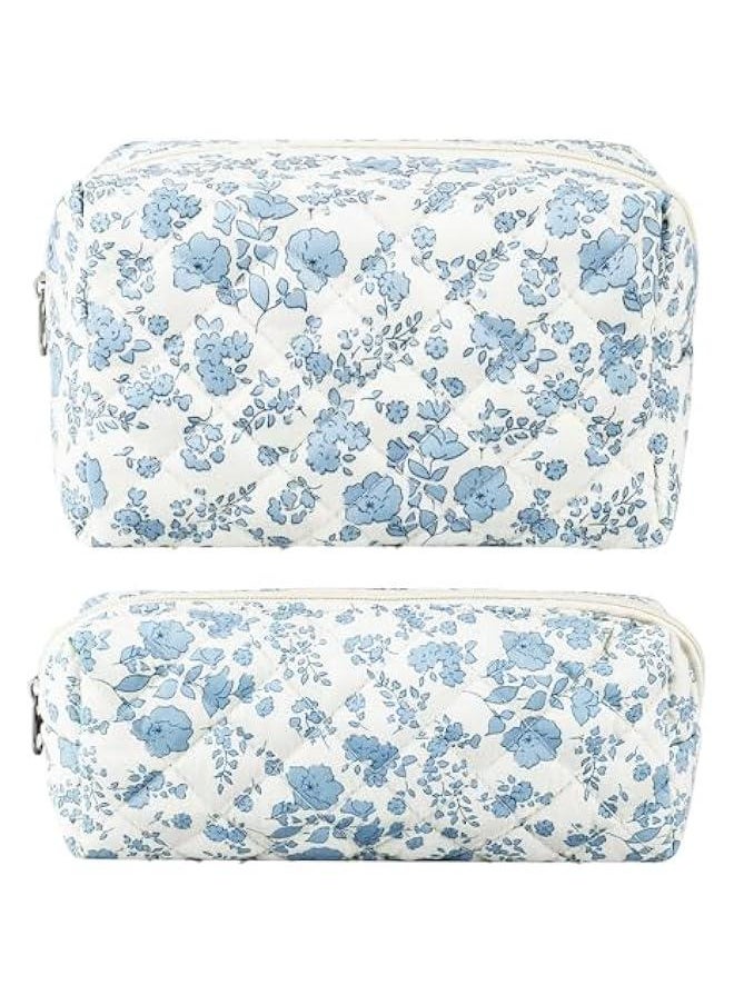 2Pcs Floral Makeup Bag for Women Cotton Quilted Small Coquette Cosmetic Bag Cute Zipper Blue Flower Makeup Pouch Aesthetic Portable Pencil Pouch Travel Toiletry Bag Trendy Cloth Skincare Bag