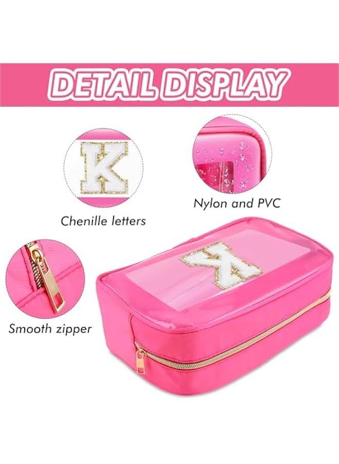 Initial Clear Makeup Bag Large Travel Toiletry Bag Personalized Preppy Cosmetic Bag Chenille Letter Makeup Pouch Portable Cute Waterproof Zipper Skincare Storage Bag Organizer for Women K