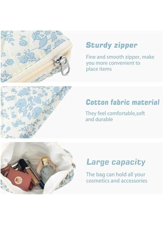 3Pcs Cotton Quilted Makeup Bag for Women Extra Large Small Travel Cosmetic Bag Set Cute Blue Floral Print Makeup Pouch Portable Toiletry Bag Organizer Coquette Vintage Puffy Travel Essential