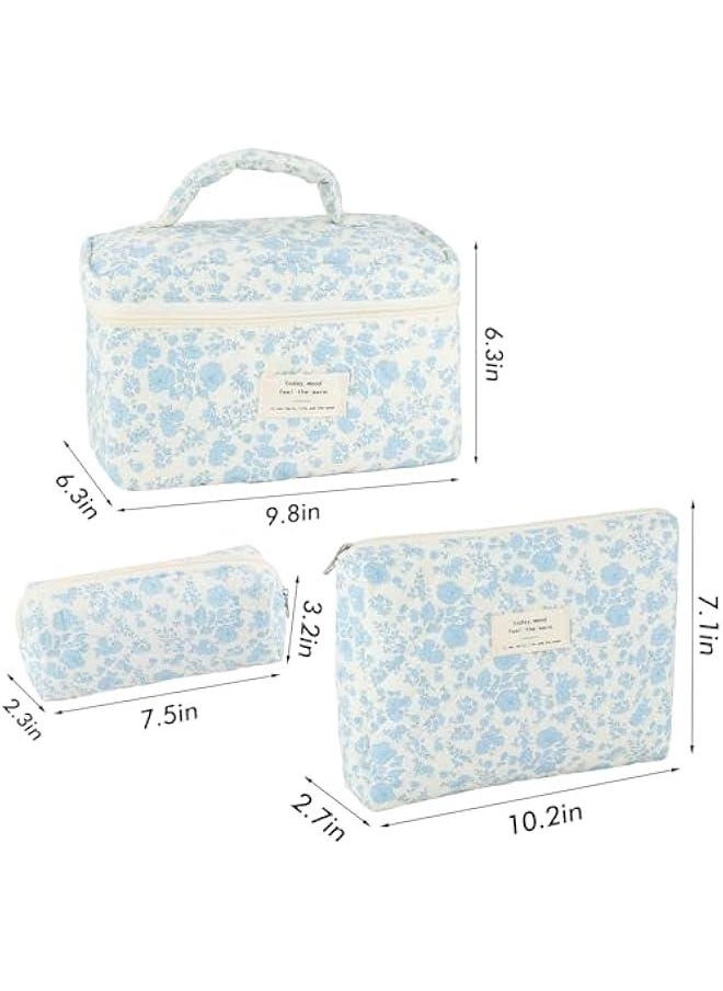 3Pcs Cotton Quilted Makeup Bag for Women Extra Large Small Travel Cosmetic Bag Set Cute Blue Floral Print Makeup Pouch Portable Toiletry Bag Organizer Coquette Vintage Puffy Travel Essential