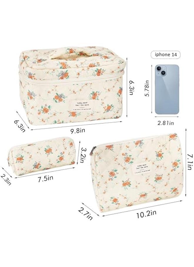 3Pcs Cotton Quilted Makeup Bag for Women Girls Large Small Travel Floral Cosmetic Bags Set Cute Coquette Zipper Makeup Pouch for Purse Aesthetic Cloth Flower Storage Toiletry Bag Organizer