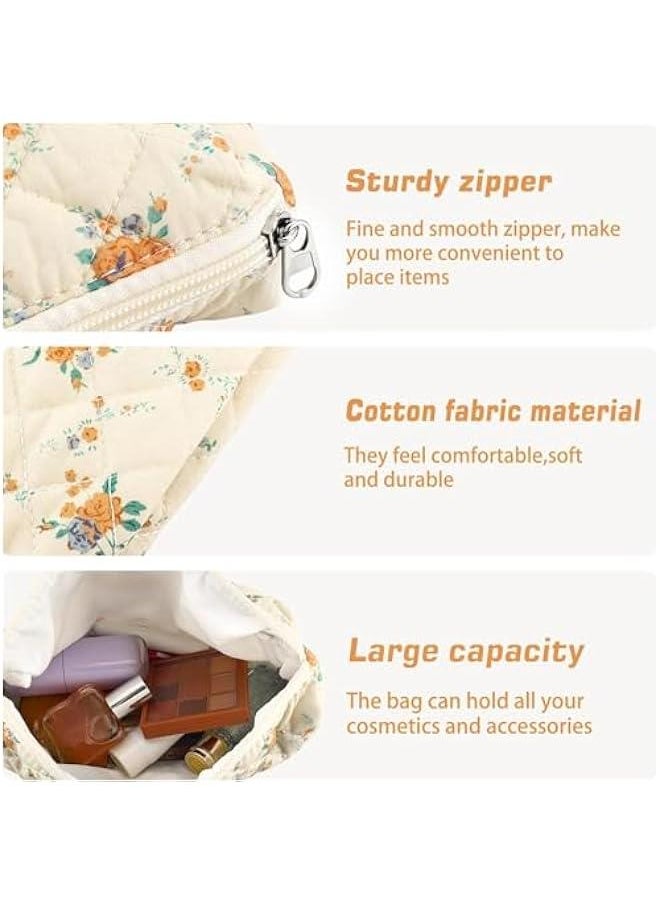 3Pcs Cotton Quilted Makeup Bag for Women Girls Large Small Travel Floral Cosmetic Bags Set Cute Coquette Zipper Makeup Pouch for Purse Aesthetic Cloth Flower Storage Toiletry Bag Organizer