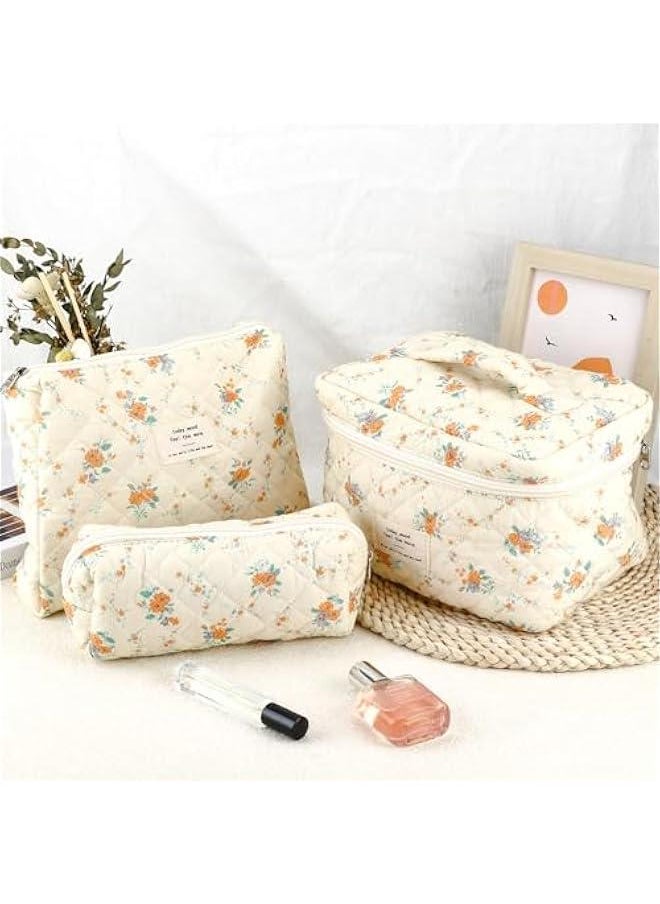 3Pcs Cotton Quilted Makeup Bag for Women Girls Large Small Travel Floral Cosmetic Bags Set Cute Coquette Zipper Makeup Pouch for Purse Aesthetic Cloth Flower Storage Toiletry Bag Organizer