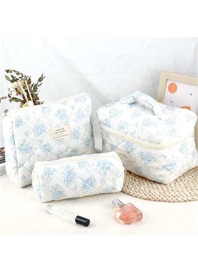 3Pcs Cotton Quilted Makeup Bag for Women Girls Large Small Travel Floral Cosmetic Bags Set Cute Coquette Zipper Makeup Pouch for Purse Aesthetic Cloth Flower Storage Toiletry Bag Organizer