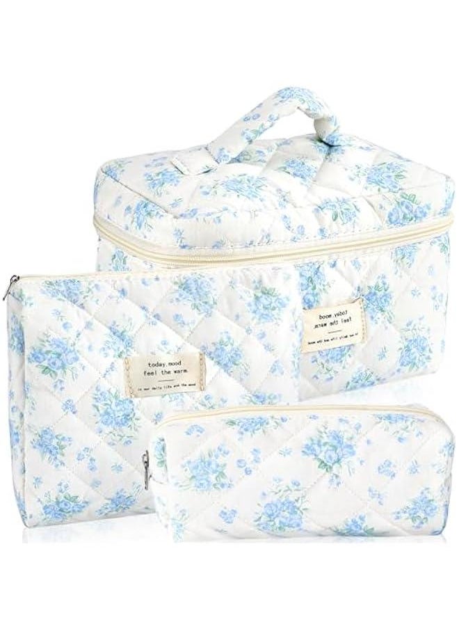 3Pcs Cotton Quilted Makeup Bag for Women Girls Large Small Travel Floral Cosmetic Bags Set Cute Coquette Zipper Makeup Pouch for Purse Aesthetic Cloth Flower Storage Toiletry Bag Organizer