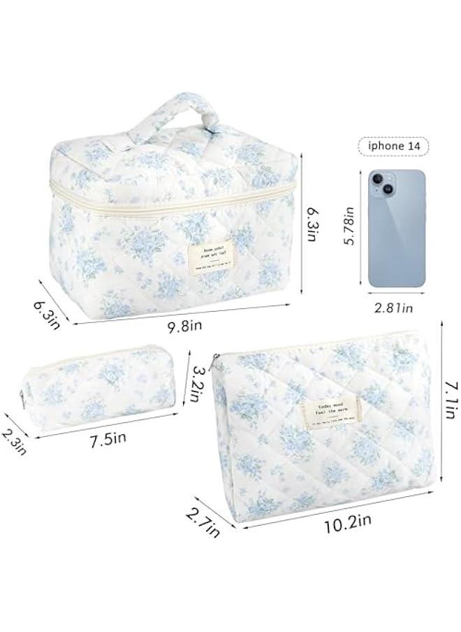 3Pcs Cotton Quilted Makeup Bag for Women Girls Large Small Travel Floral Cosmetic Bags Set Cute Coquette Zipper Makeup Pouch for Purse Aesthetic Cloth Flower Storage Toiletry Bag Organizer