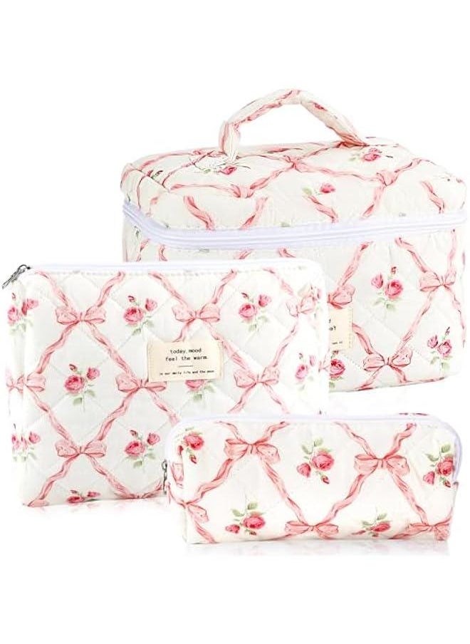 3Pcs Cotton Quilted Makeup Bag for Women Girls Large Small Travel Floral Cosmetic Bags Set Cute Coquette Pink Makeup Pouch for Purse Aesthetic Cloth Flower Storage Toiletry Bag Organizer