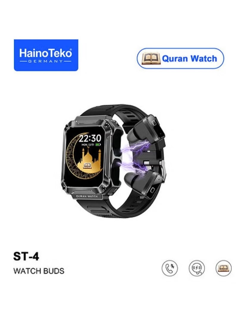 ST4 Smart Watch Buds with Quran Full 114 Chapters & 4GB MP3 Speaker – Bluetooth Smartwatch for Men & Boys | Multi-Functional, Waterproof, Music, Calls, and Fitness Tracking