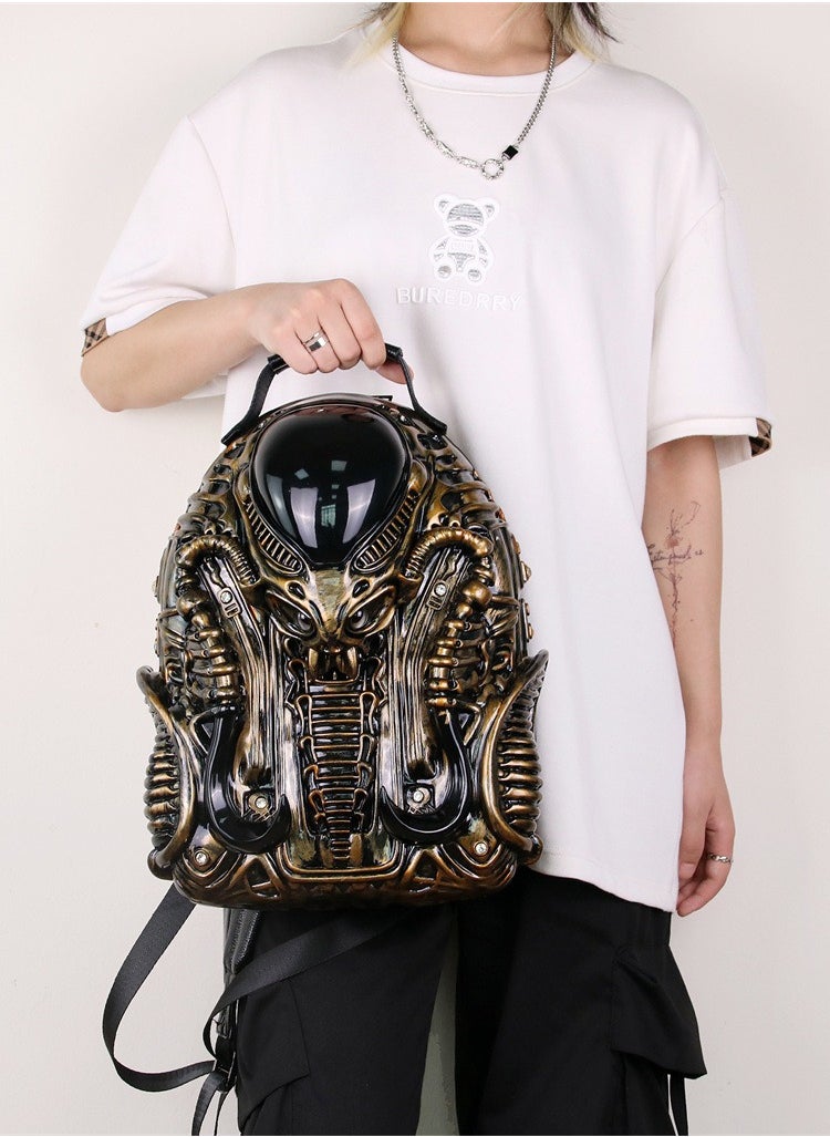 Fashionable and unique shaped backpack featuring a warrior style with street punk elements unisex design for both men and women.