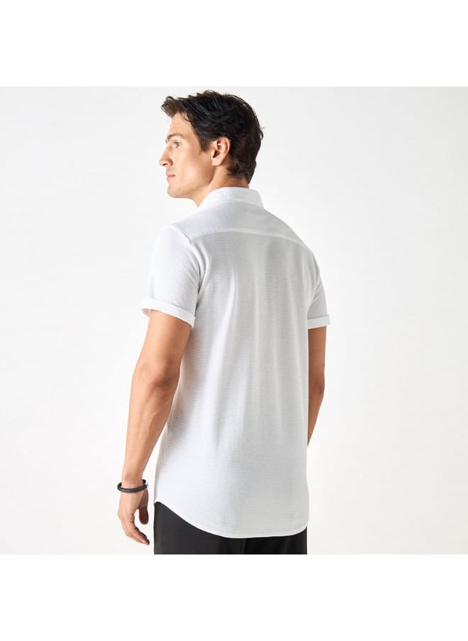 Iconic Textured Shirt with Spread Collar and Short Sleeves