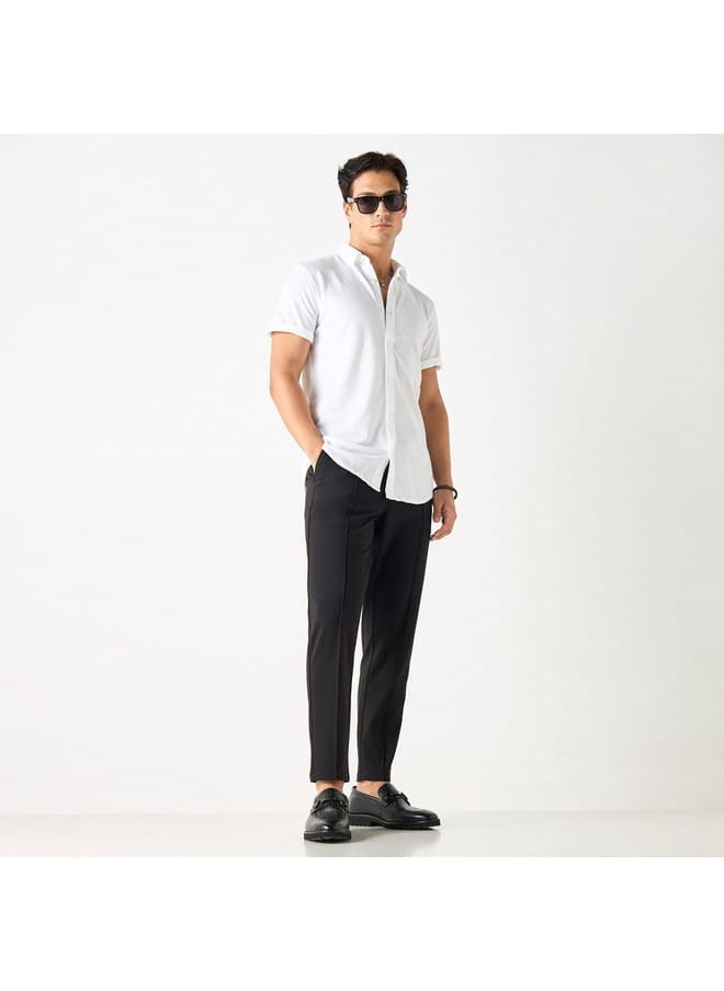 Iconic Textured Shirt with Spread Collar and Short Sleeves
