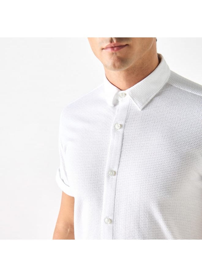Iconic Textured Shirt with Spread Collar and Short Sleeves