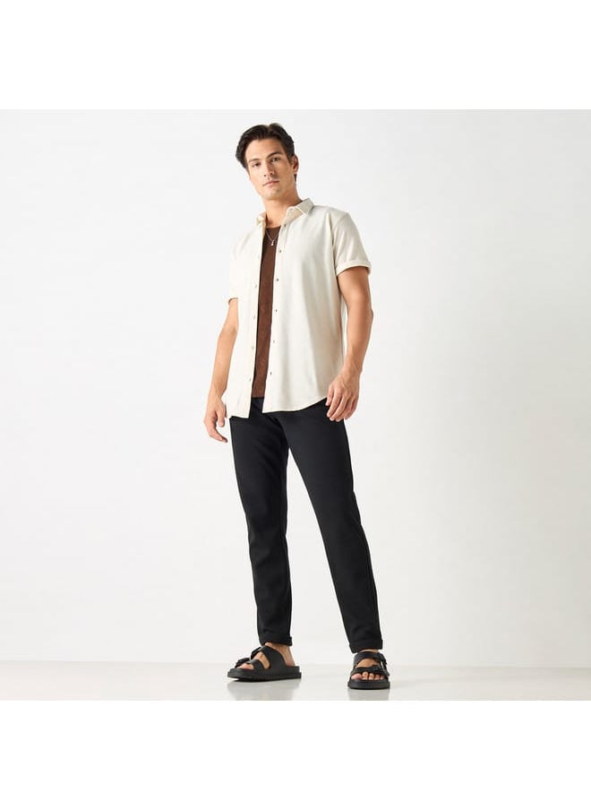 Iconic Textured Shirt with Spread Collar and Short Sleeves