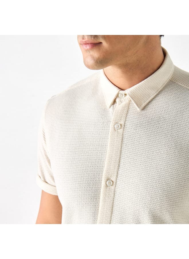 Iconic Textured Shirt with Spread Collar and Short Sleeves