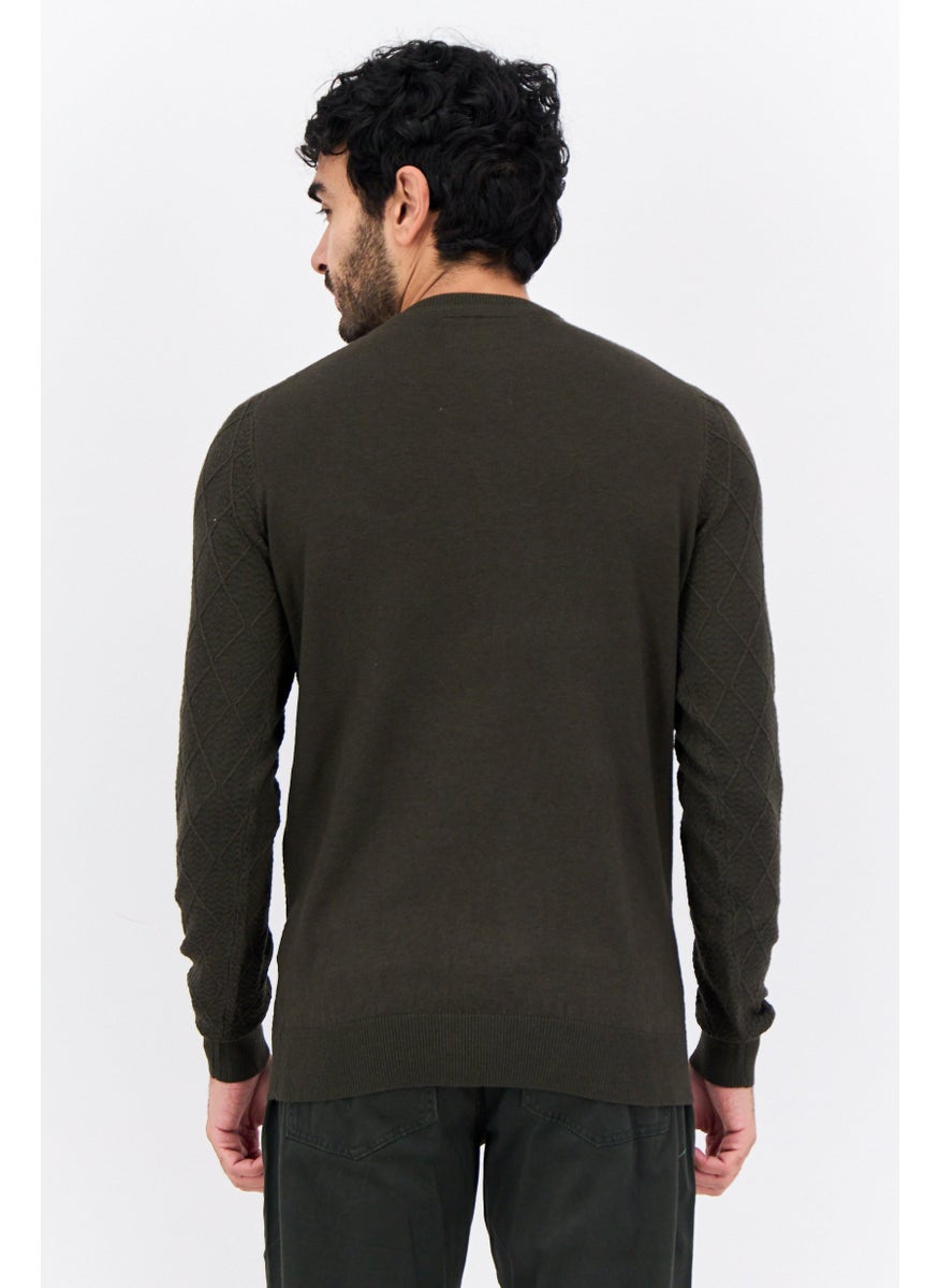 Men Crew Neck Textured Long Sleeves Sweatshirt, Dark Green